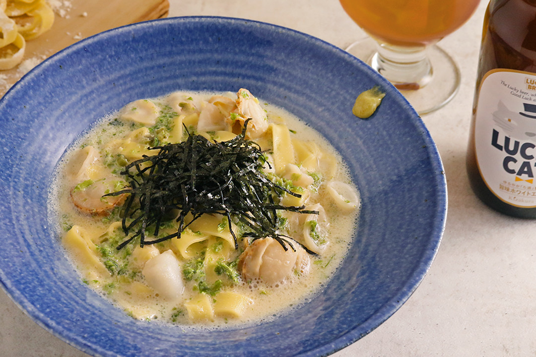 帆立とやりいかのわさび豆乳クリームパスタ